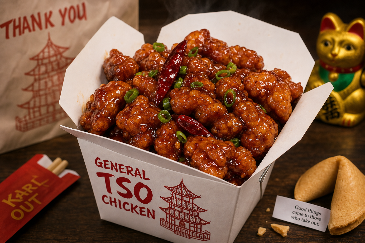 General Tso chicken with steamed rice — Jade Garden takeout